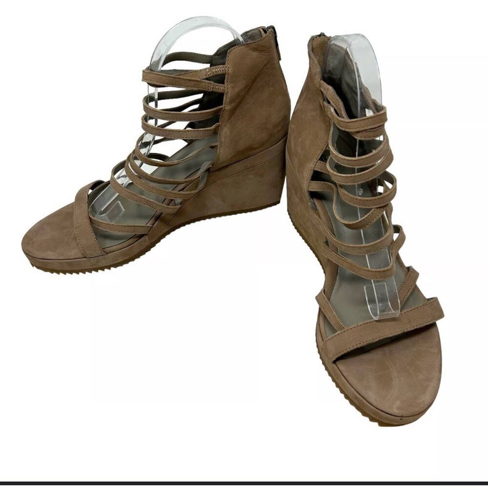 Eileen Fisher Platform Wedge Taupe Leather Strappy Size 8.5 NWOB